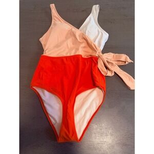 Cupshe Womens Colorblock Wrap One Piece Swimsuit Orange Peach White Small